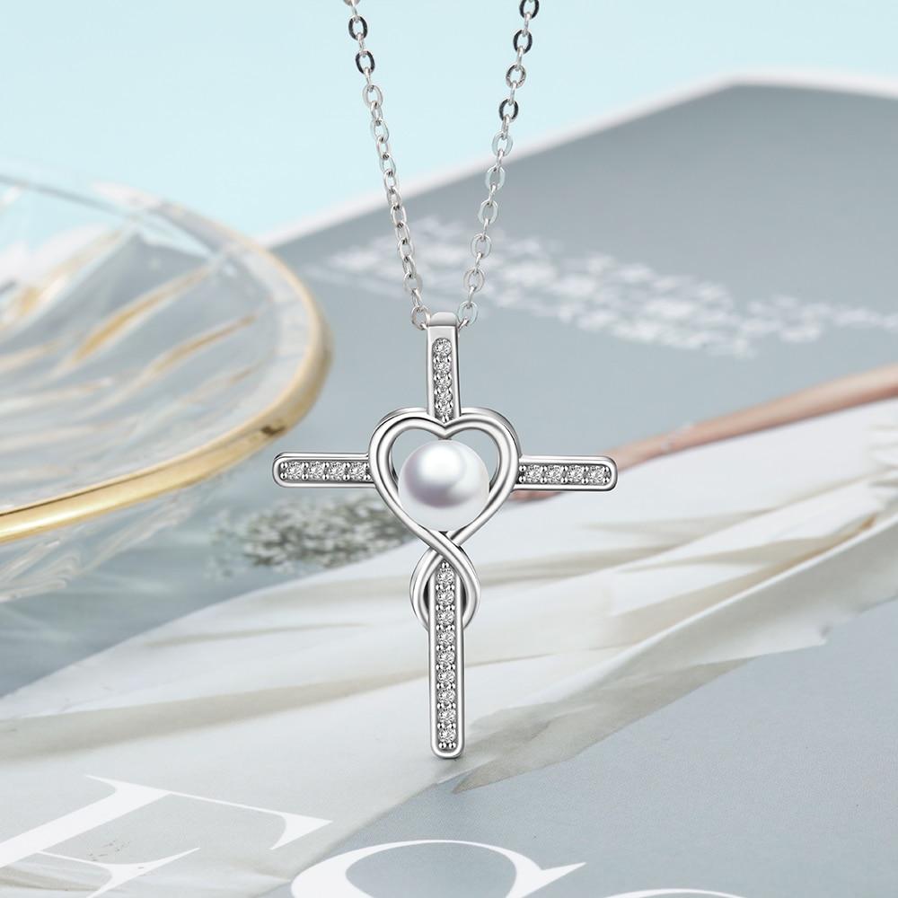 Women 925 Sterling Silver Pearl Pendant Necklace Full Zirconia Paved Cross Necklace Fine Jewelry Gift-Customized Jewel