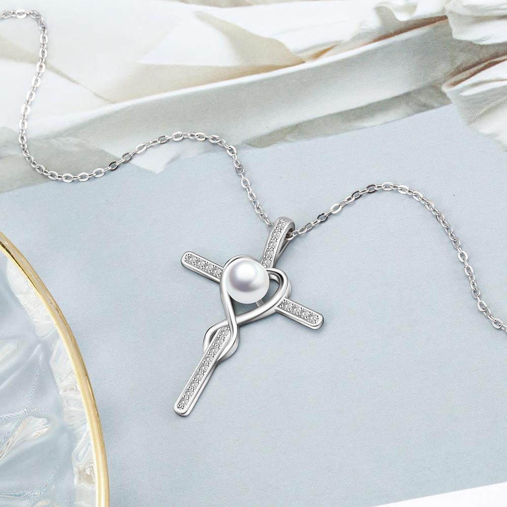 Women 925 Sterling Silver Pearl Pendant Necklace Full Zirconia Paved Cross Necklace Fine Jewelry Gift-Customized Jewel