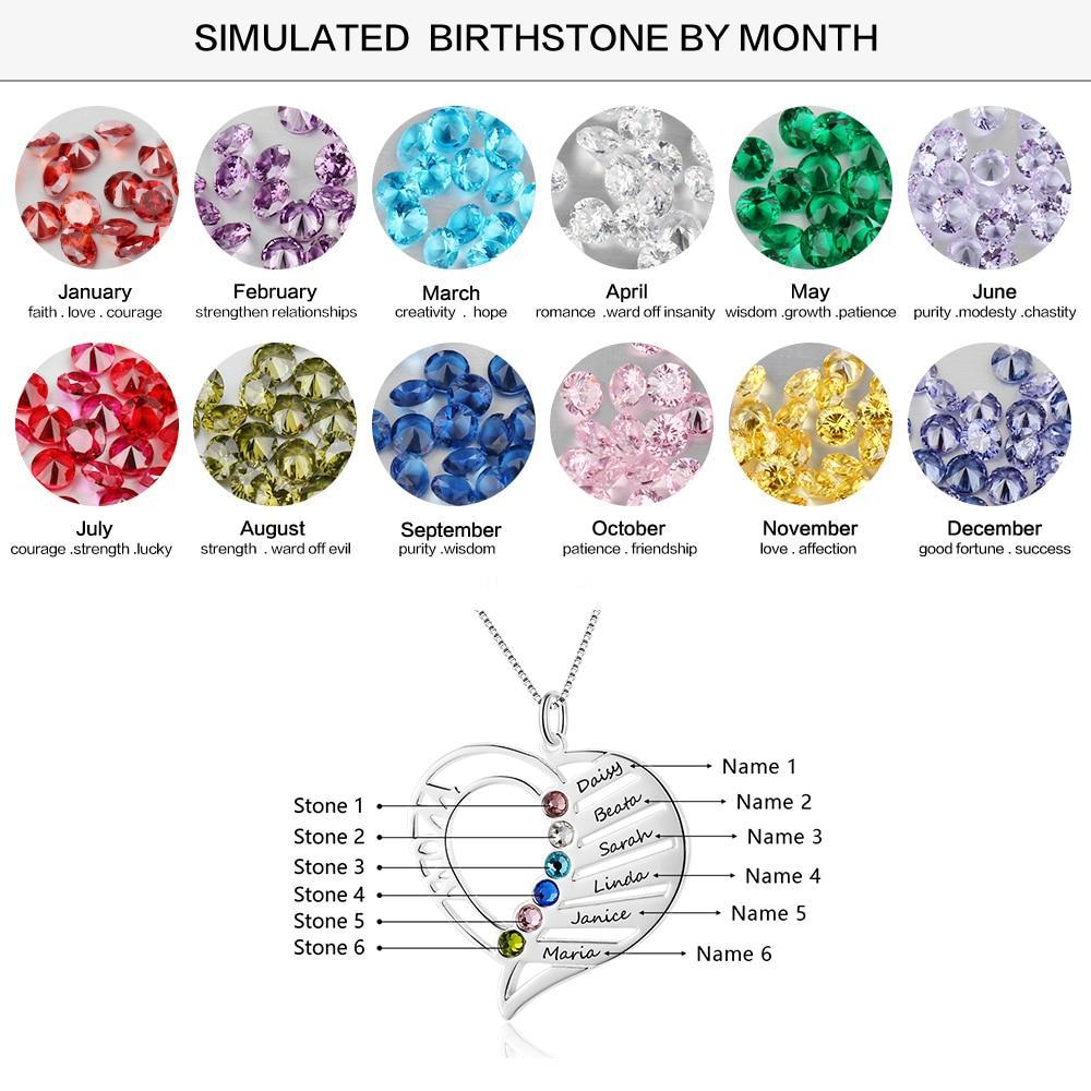 Personalized Sterling Silver Pendant Necklace - Six Custom Names & Birthstones - Heart Shaped Pendant - Customized Gifts-Customized Jewel