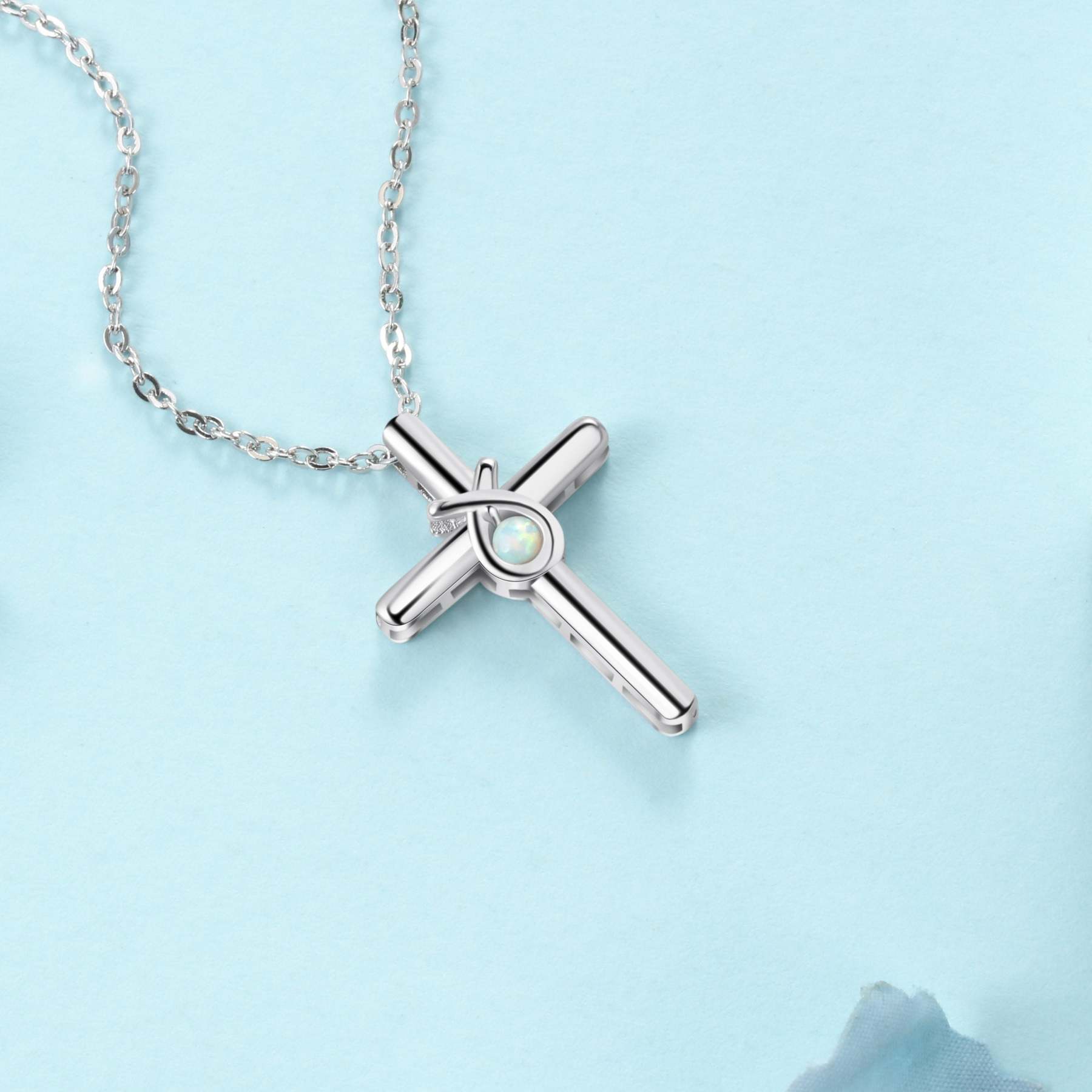 925 Sterling Silver Cross Shape with White Opal Stone Pendant Necklaces for Women-Customized Jewel