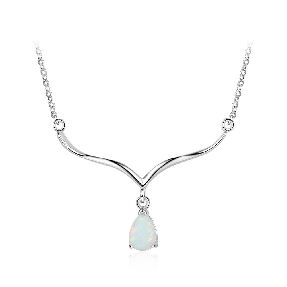 Women’s 925 Sterling Silver V Shape Necklace with Water Drop White Opal Pendant, Trendy Wedding Gift-Customized Jewel