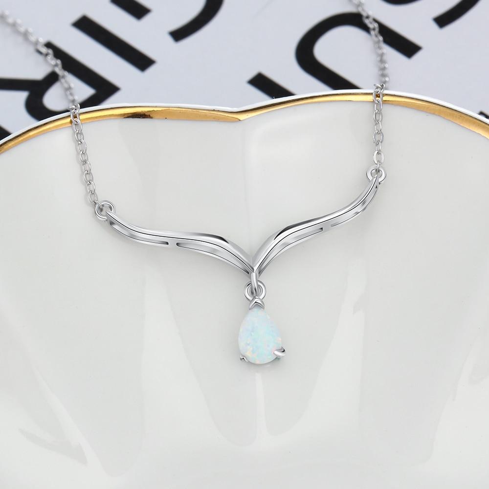 Women’s 925 Sterling Silver V Shape Necklace with Water Drop White Opal Pendant, Trendy Wedding Gift-Customized Jewel