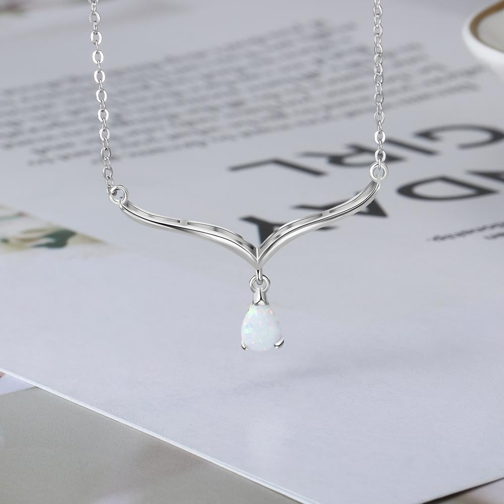 Women’s 925 Sterling Silver V Shape Necklace with Water Drop White Opal Pendant, Trendy Wedding Gift-Customized Jewel