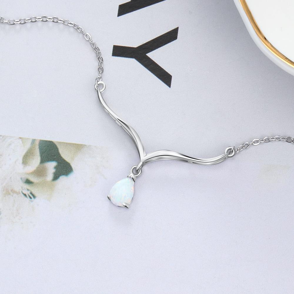 Women’s 925 Sterling Silver V Shape Necklace with Water Drop White Opal Pendant, Trendy Wedding Gift-Customized Jewel