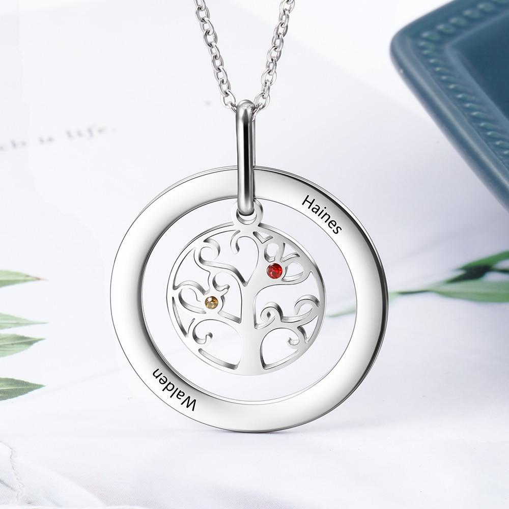 Personalized Stainless Steel Necklace with Customized 2 Birthstone Tree of Life Pendant, Gift for Mother-Customized Jewel