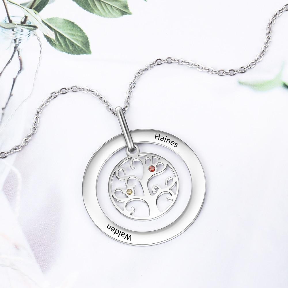 Personalized Stainless Steel Necklace with Customized 2 Birthstone Tree of Life Pendant, Gift for Mother-Customized Jewel