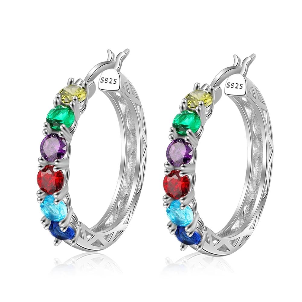 Personalized 925 Sterling Silver Hoop Earrings for Women Custom 6 Birthstones Statement Earrings Birthday Gift-Customized Jewel