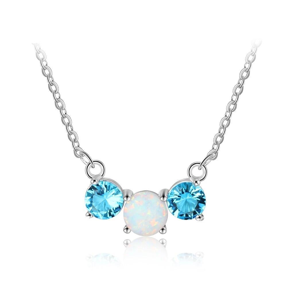 Women’s 925 Sterling Silver Party Jewelry Necklace with Three Circles Opal Stone & Blue CZ Pendant-Customized Jewel