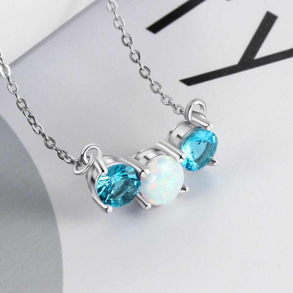 Women’s 925 Sterling Silver Party Jewelry Necklace with Three Circles Opal Stone & Blue CZ Pendant-Customized Jewel
