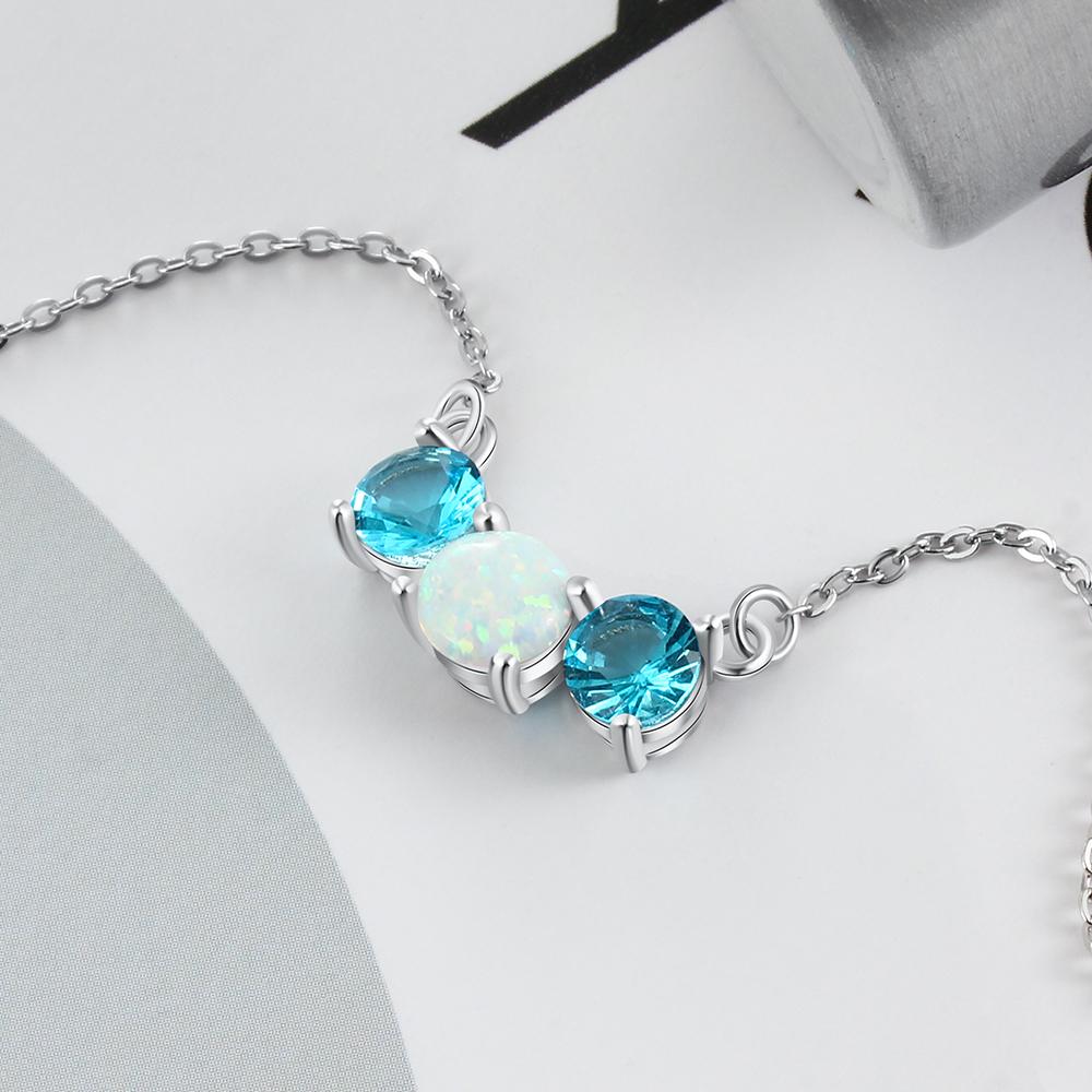 Women’s 925 Sterling Silver Party Jewelry Necklace with Three Circles Opal Stone & Blue CZ Pendant-Customized Jewel
