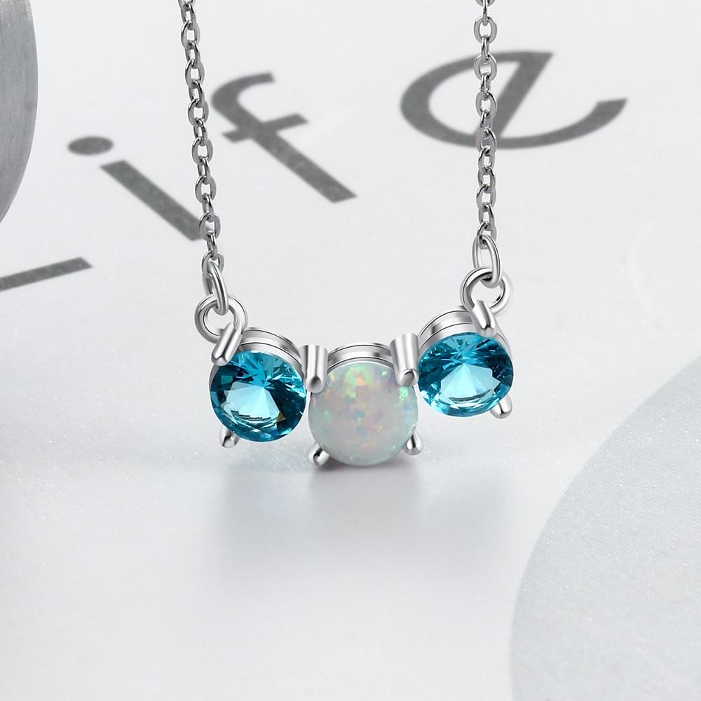 Women’s 925 Sterling Silver Party Jewelry Necklace with Three Circles Opal Stone & Blue CZ Pendant-Customized Jewel