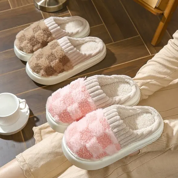Non Slip Warm Fuzzy Fleece Plaid Design Slippers