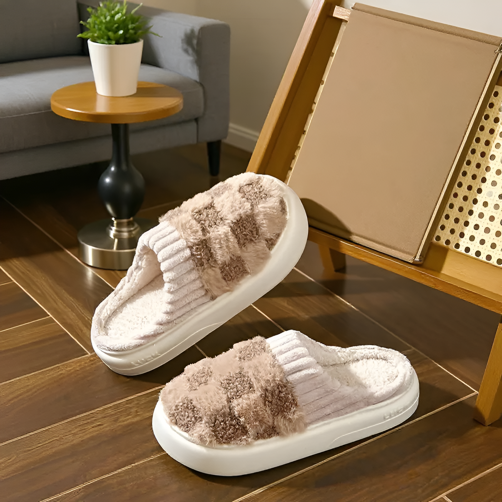 Plush Checkered Slip On Slippers