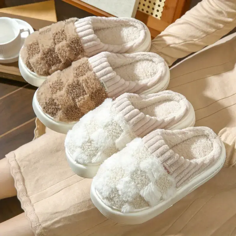Non Slip Warm Fuzzy Fleece Plaid Design Slippers