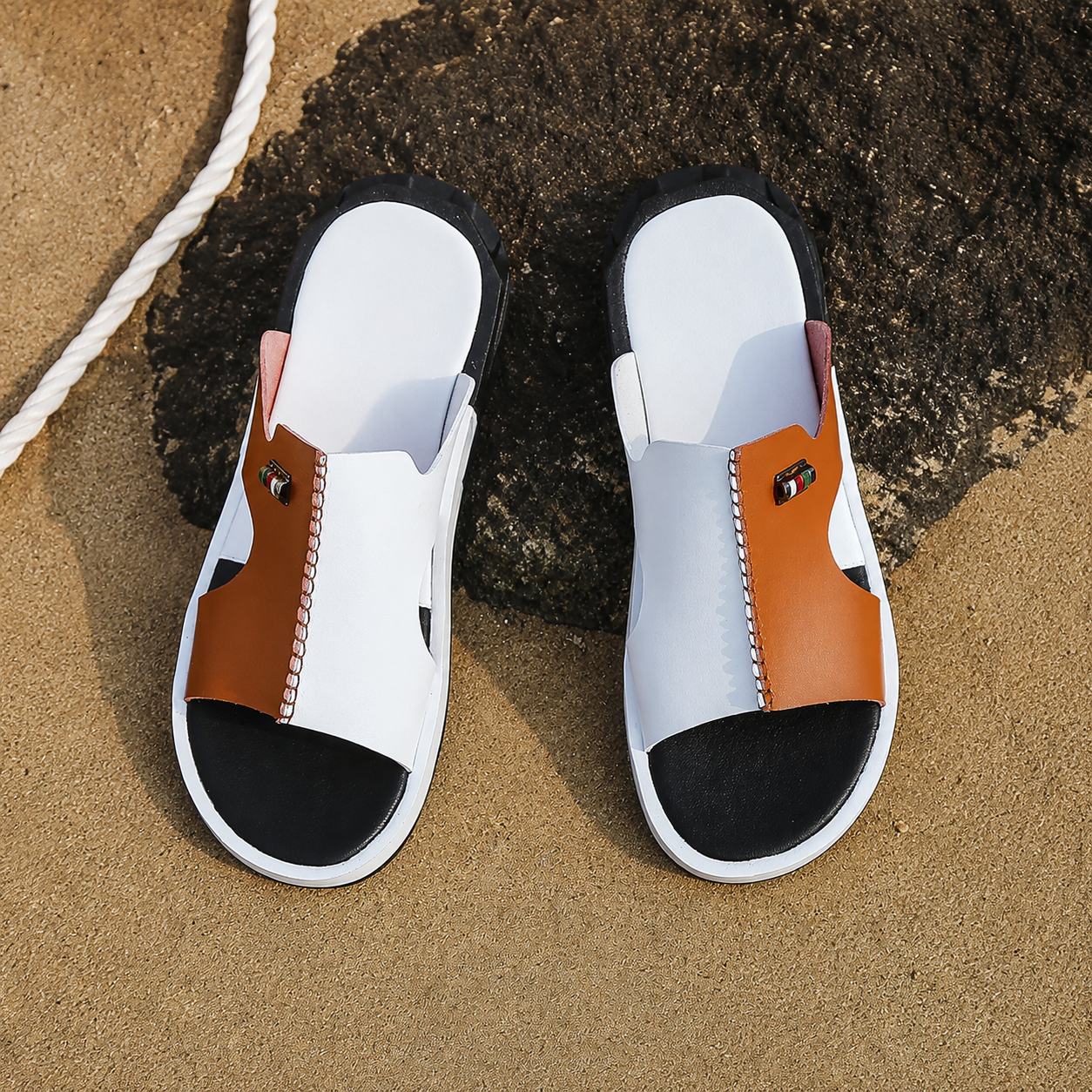 Colorblock Patched Design Wide Band Summer Slide Slippers For Men