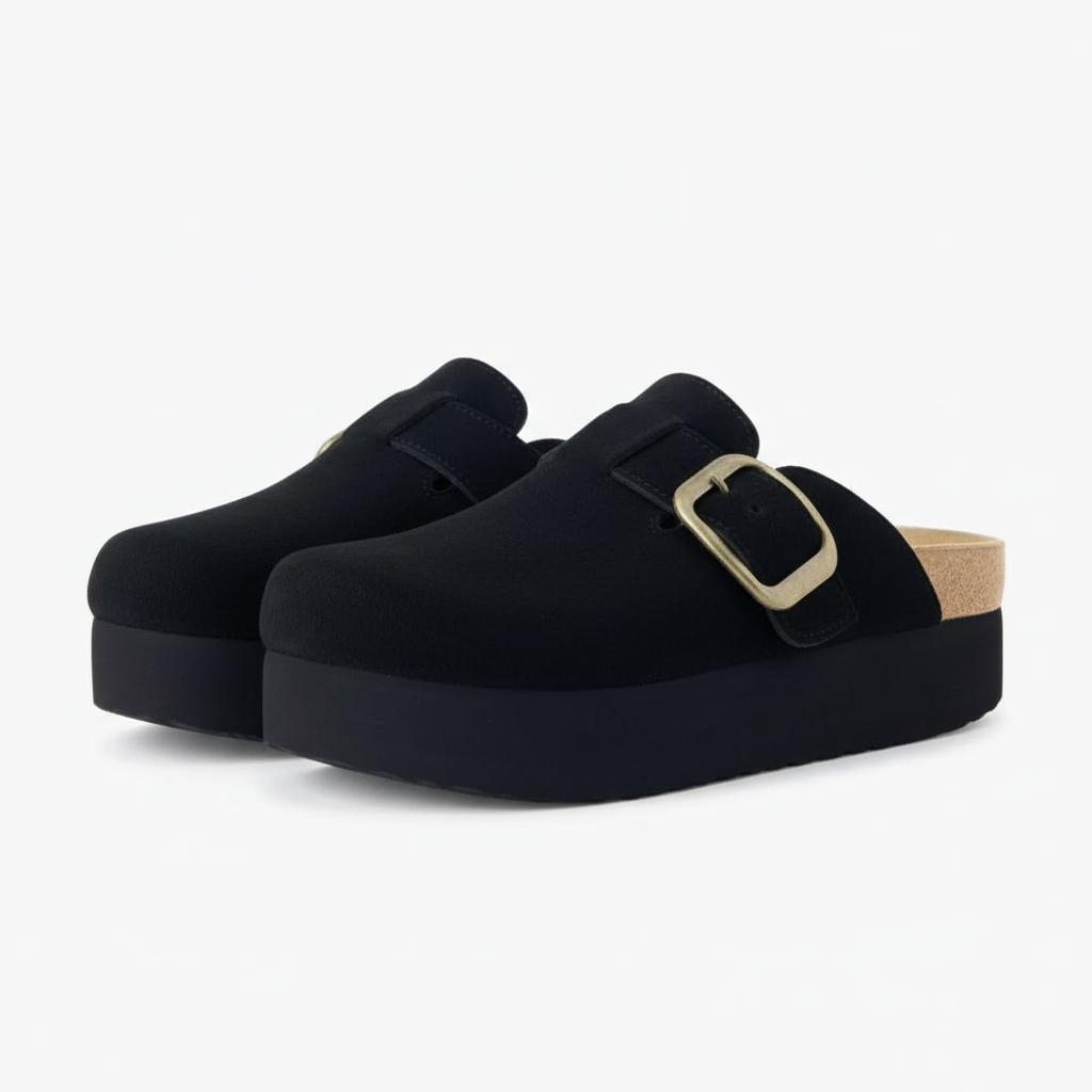 Suede Platform Slip On Clogs With Adjustable Buckle For Women