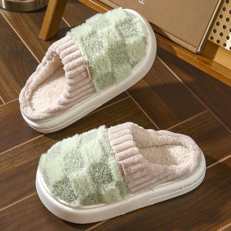 Non Slip Warm Fuzzy Fleece Plaid Design Slippers