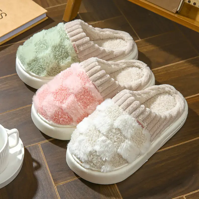 Non Slip Warm Fuzzy Fleece Plaid Design Slippers