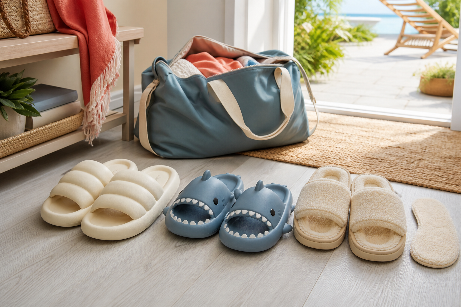 Pillow slides, blue shark slides and plush-lined slides arranged beside a weekend bag
