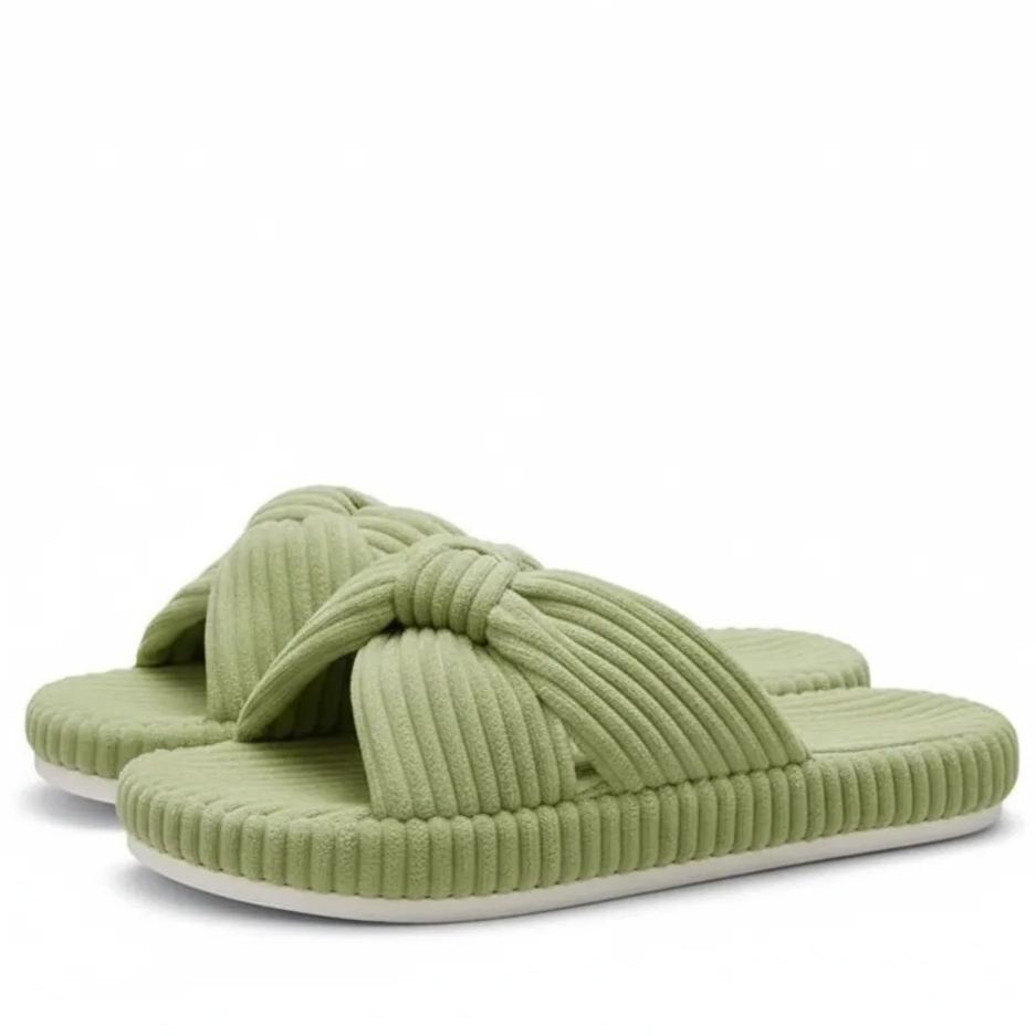 Corduroy Crossband Bow Slip-On Slippers