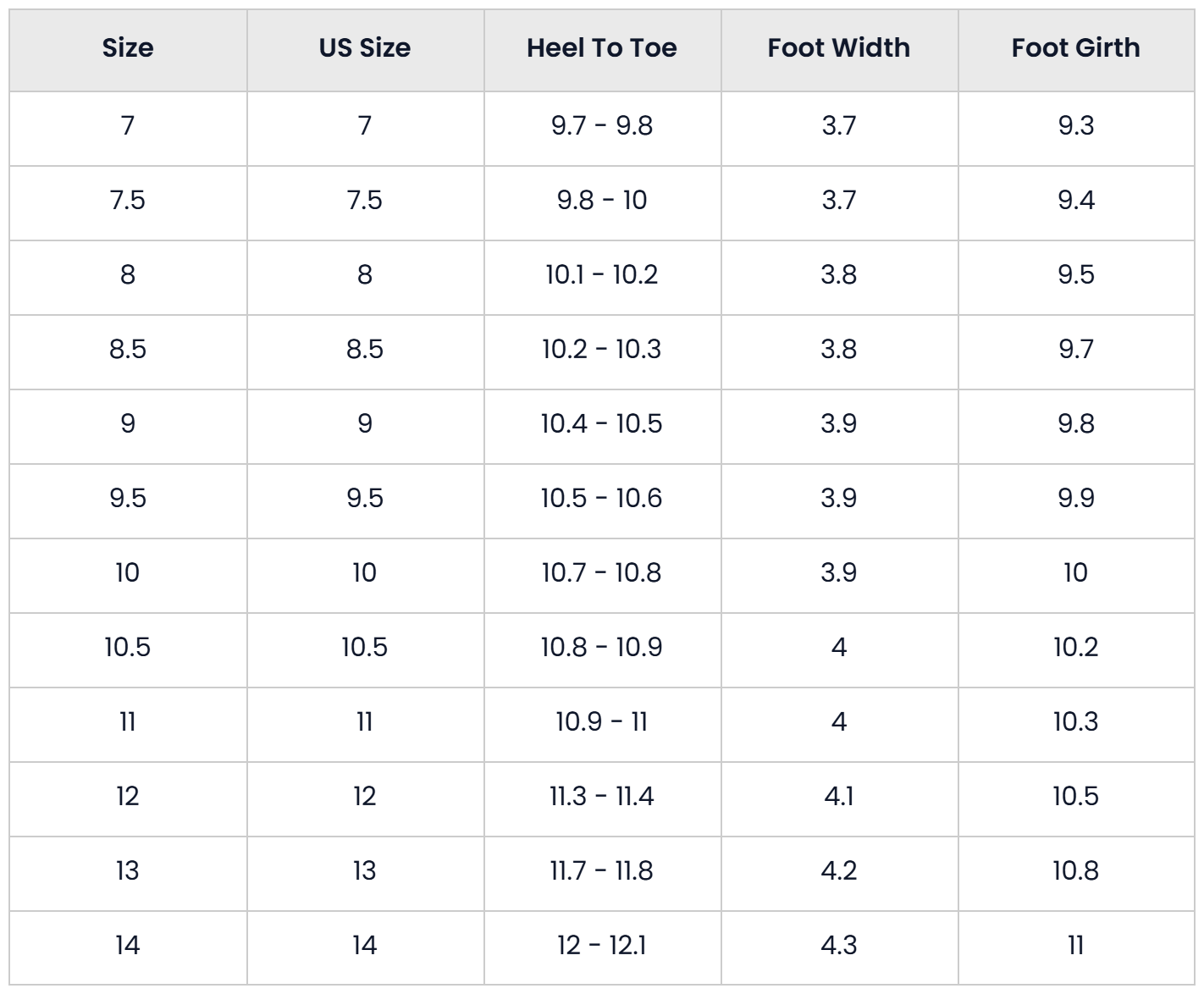 Size Chart for Casual Lightweight Work Shoes For Daily Wear For Men