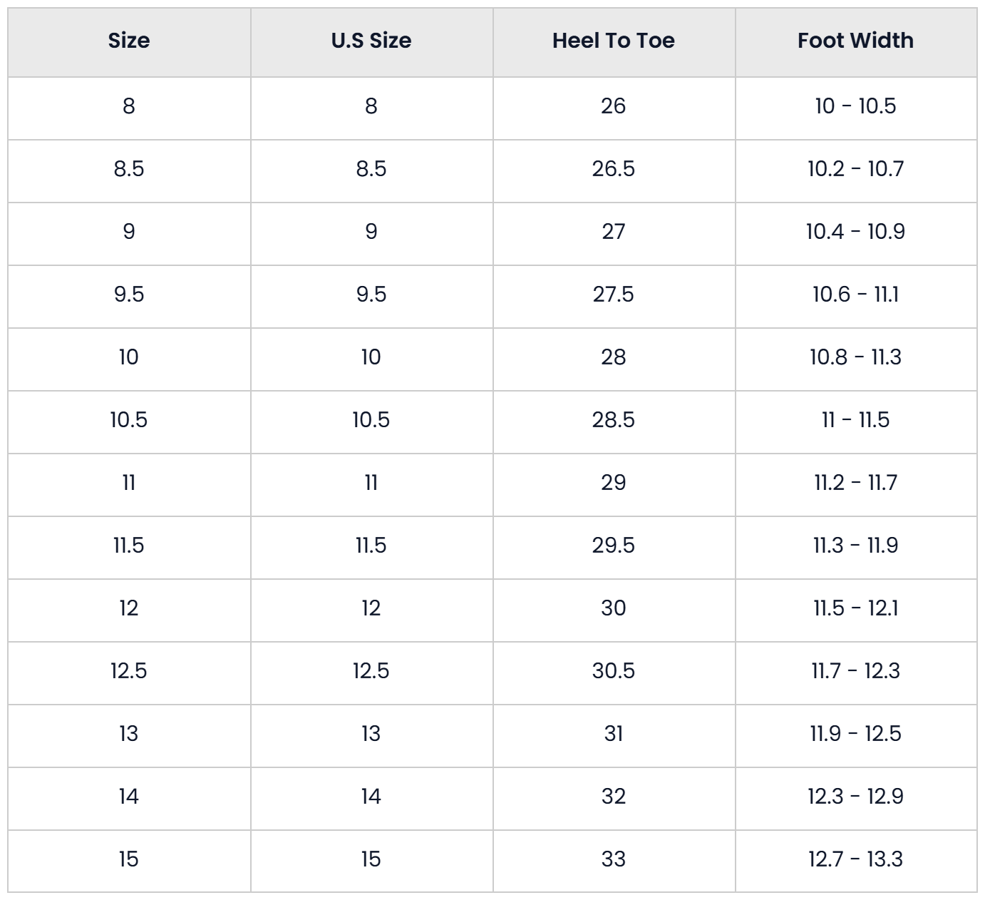 Size Chart for Casual Outdoor Non Slip Walking Shoes For Men