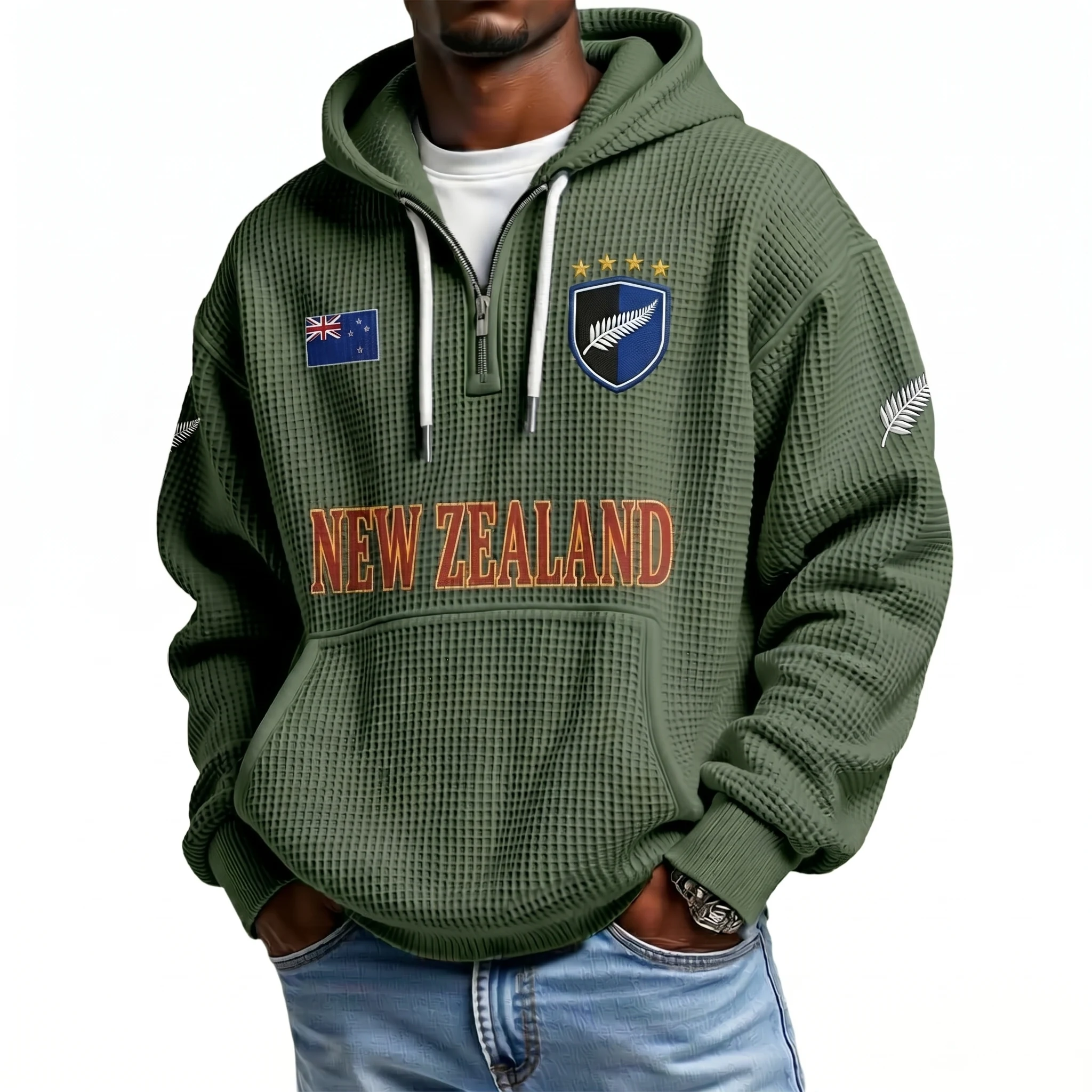 New Zealand Printed Waffle Quarter Zip Football Fan Hoodie