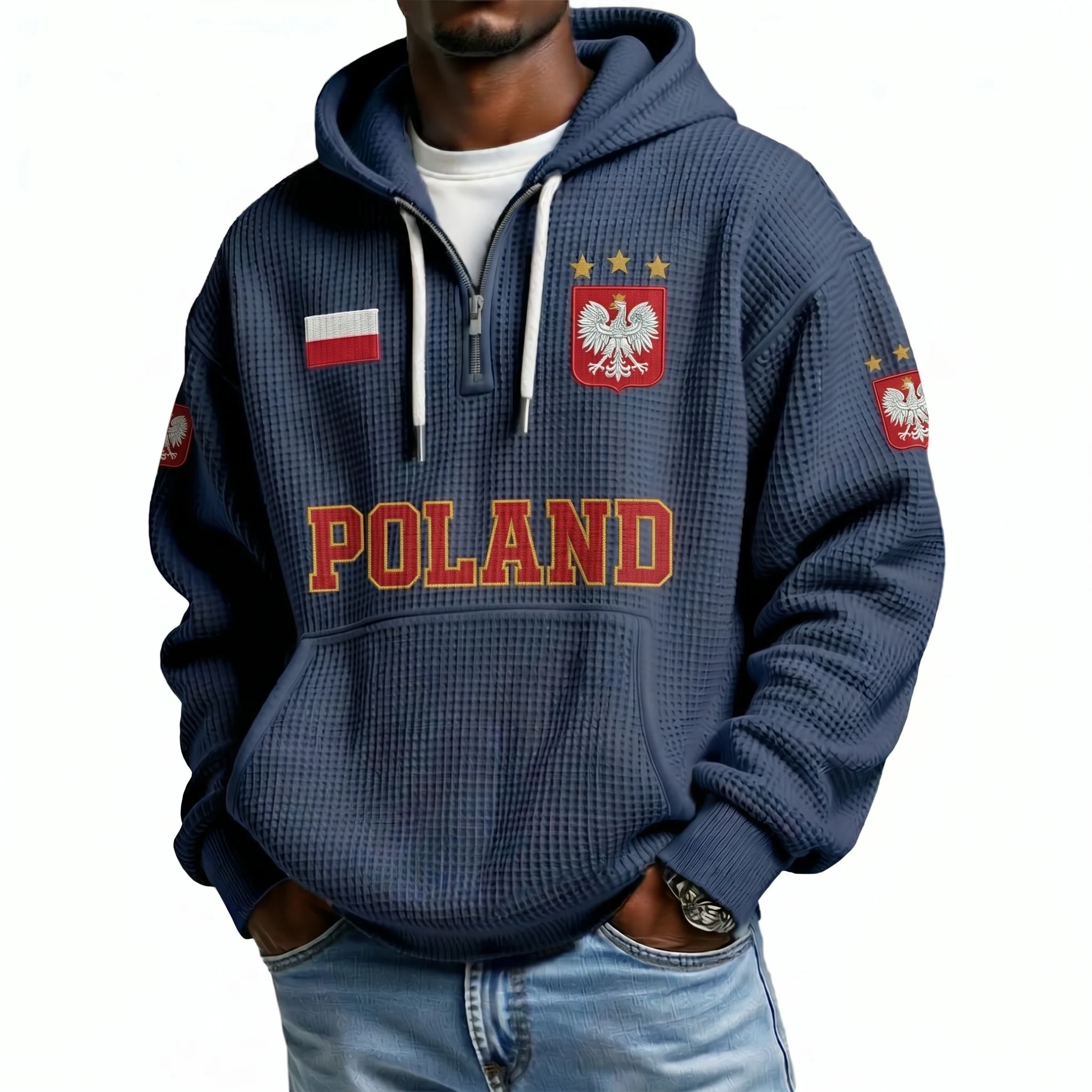 Poland Printed Waffle Quarter Zip Football Fan Hoodie