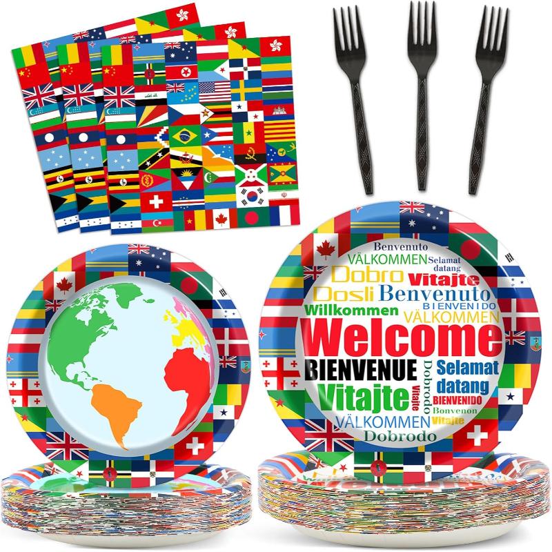 International Flags Party Plates And Napkins Set - front view on white background