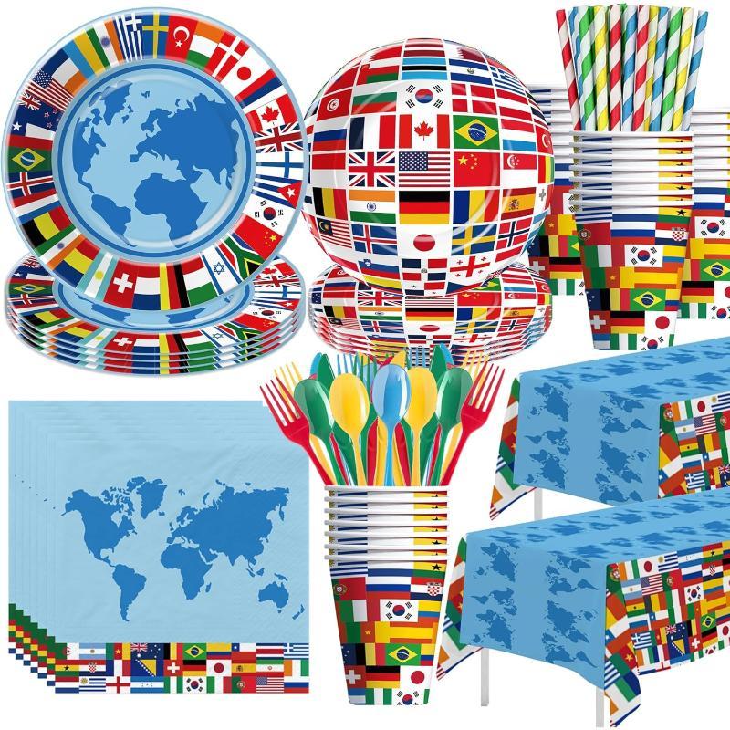 Global Theme Party Supplies - With Tableware And Cutlery-Globe Flags