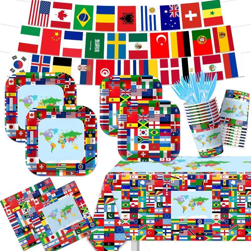 Global Theme Party Supplies - With Tablecloth Utensils And Flags - front view on white background
