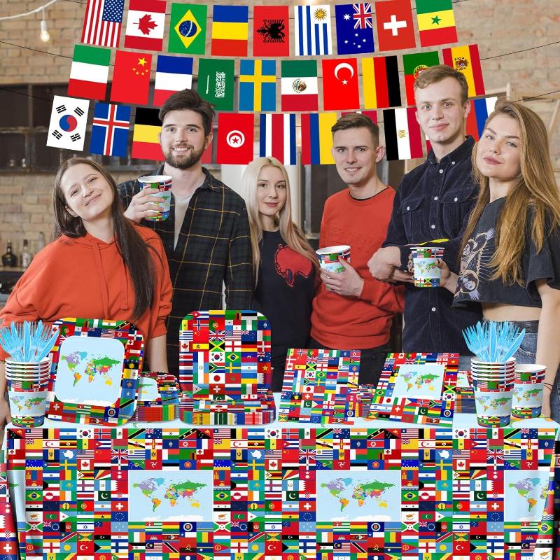 Global Theme Party Supplies - With Tablecloth Utensils And Flags flying on outdoor flagpole