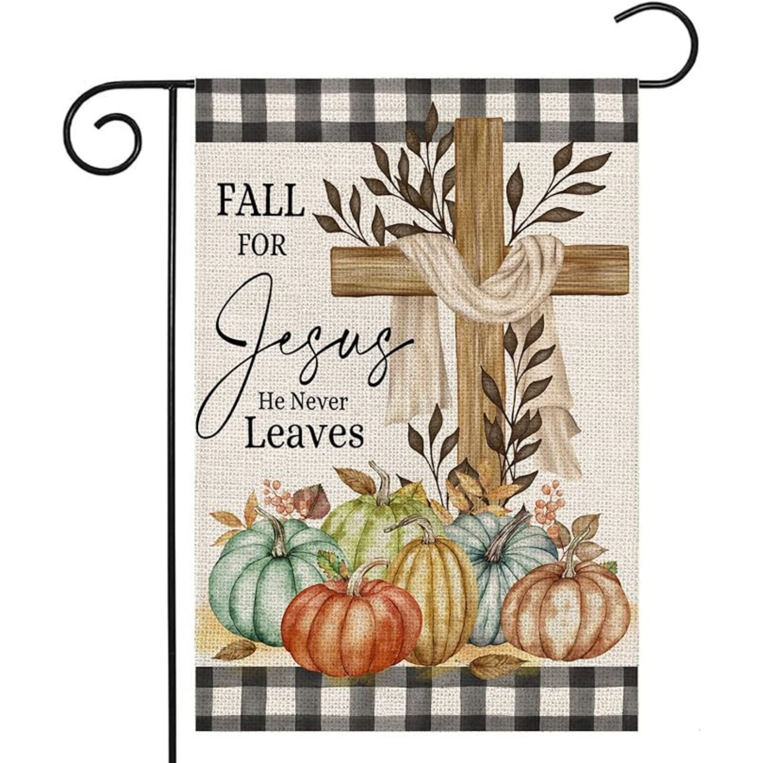 Rustic Autumn Printed Garden Flag With Cross And Pumpkins-Globe Flags