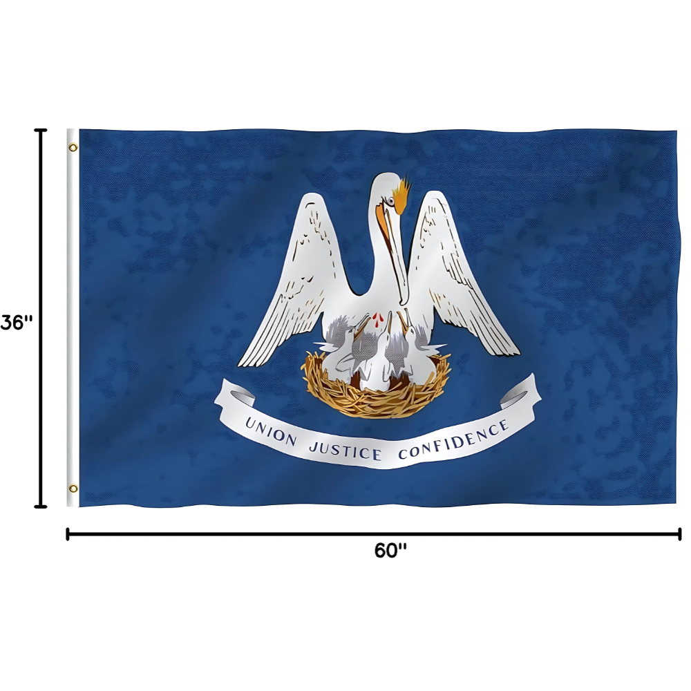 Louisiana State Flag Featuring Pelican Emblem flying on outdoor flagpole