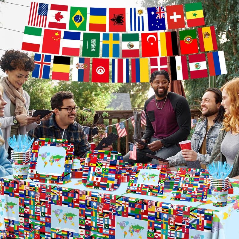 Global Theme Party Supplies - With Tablecloth Utensils And Flags close-up showing fabric texture and vivid colors