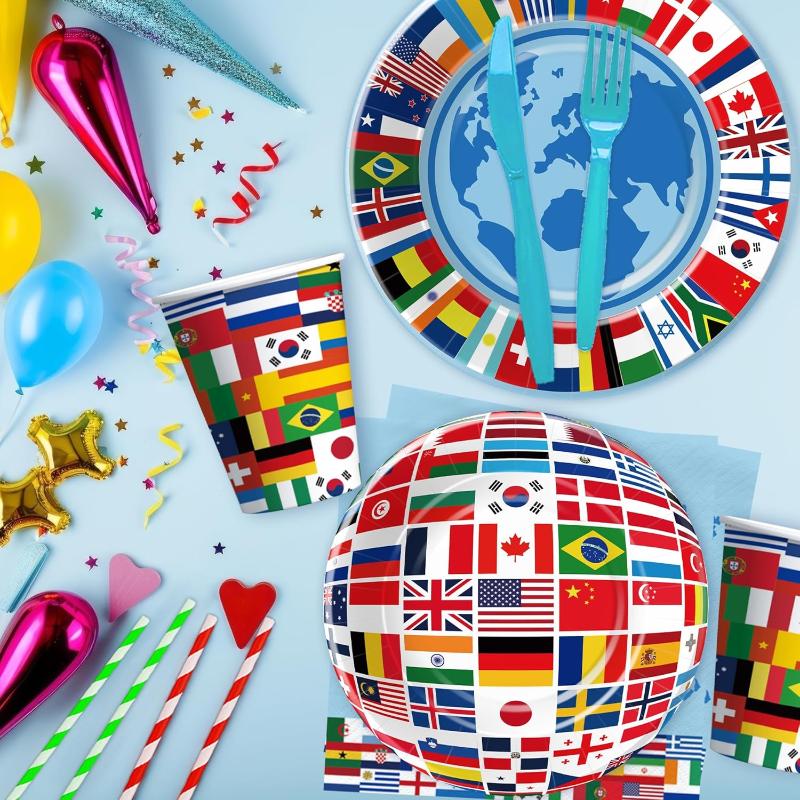 Global Theme Party Supplies - With Tableware And Cutlery-Globe Flags