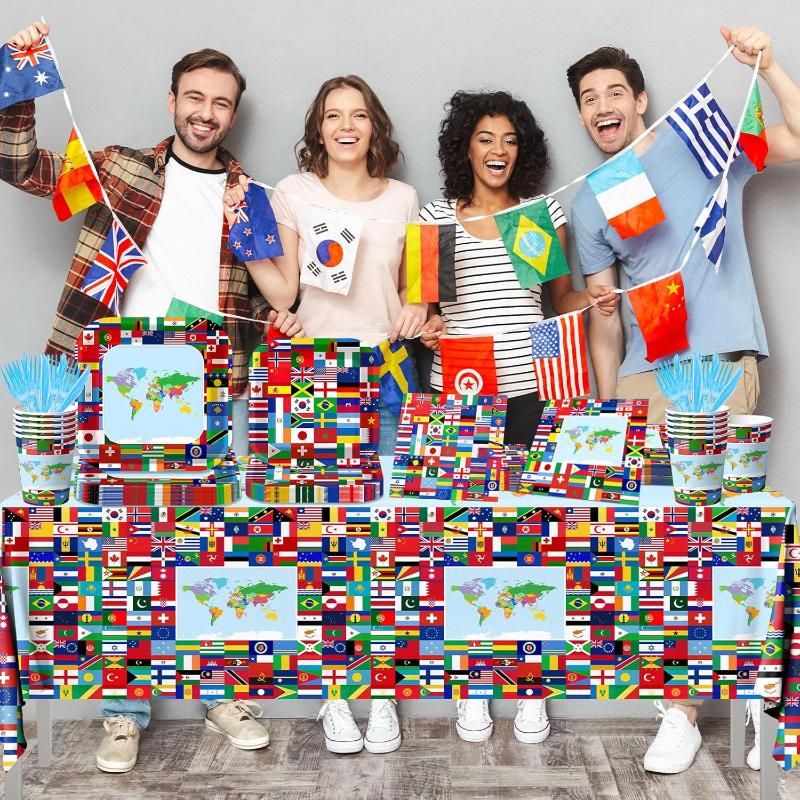 Global Theme Party Supplies - With Tablecloth Utensils And Flags with brass grommet hardware detail