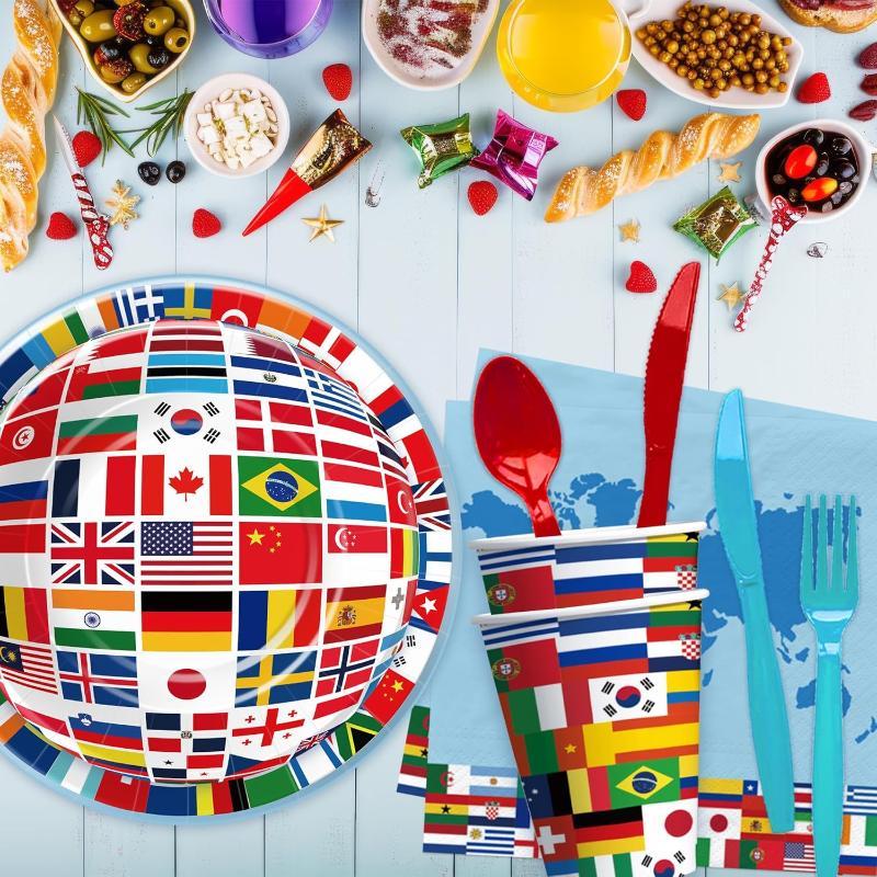 Global Theme Party Supplies - With Tableware And Cutlery-Globe Flags