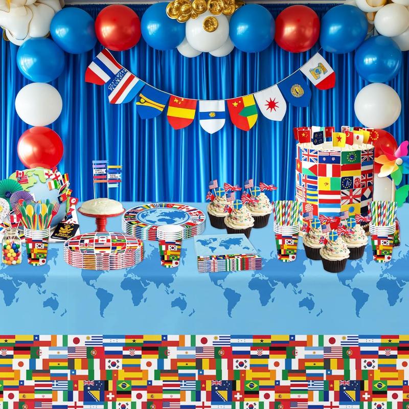 Global Theme Party Supplies - With Tableware And Cutlery-Globe Flags