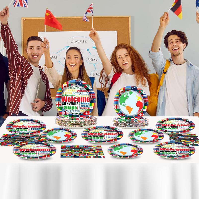 International Flags Party Plates And Napkins Set close-up showing fabric texture and vivid colors