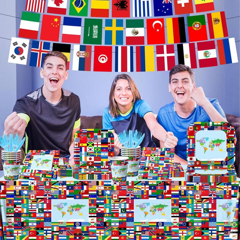 Global Theme Party Supplies - With Tablecloth Utensils And Flags displayed indoors on wall mount