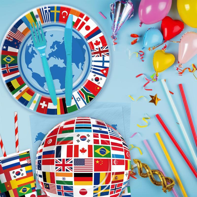Global Theme Party Supplies - With Tableware And Cutlery-Globe Flags