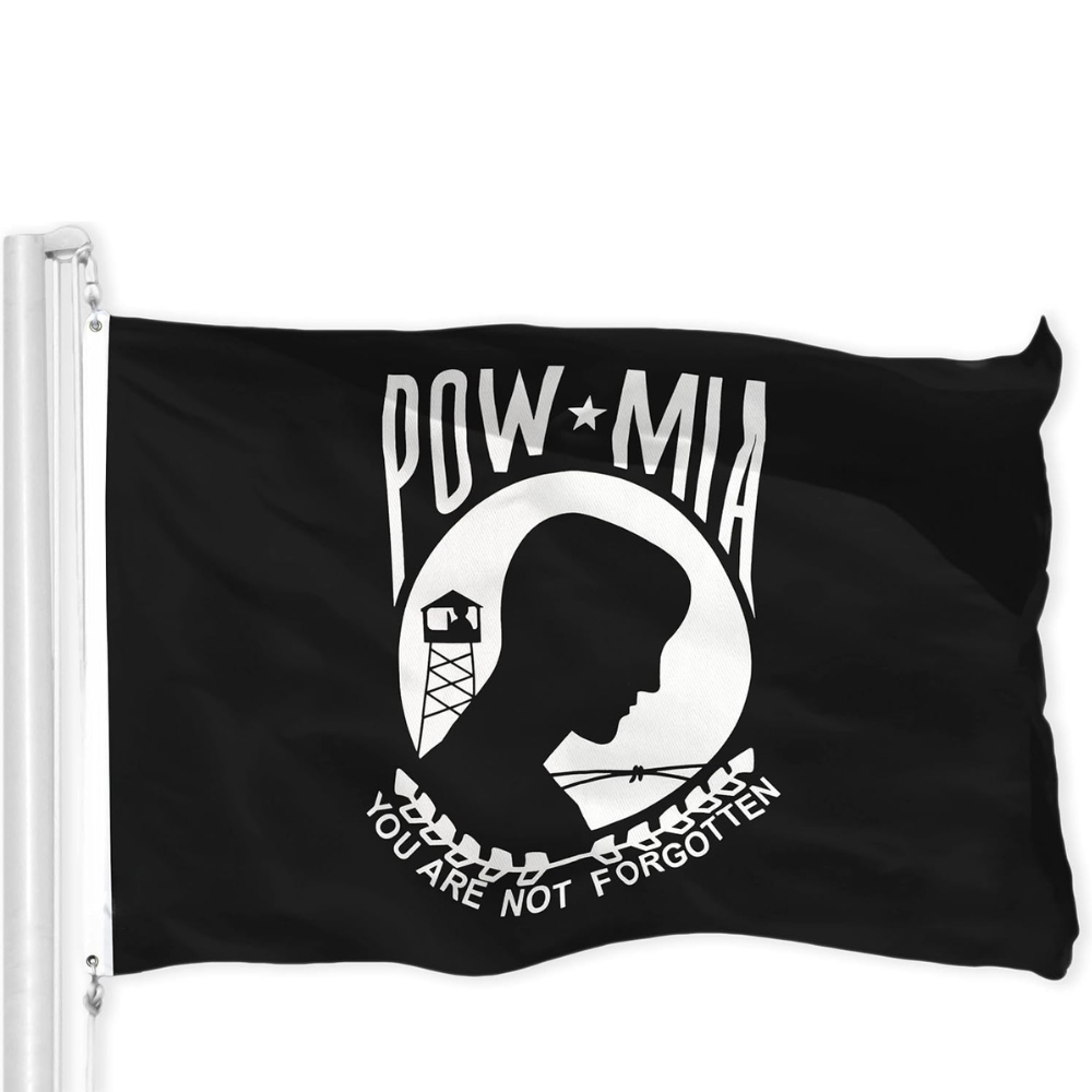 POW MIA Themed Flag With Reinforced Grommets - front view on white background