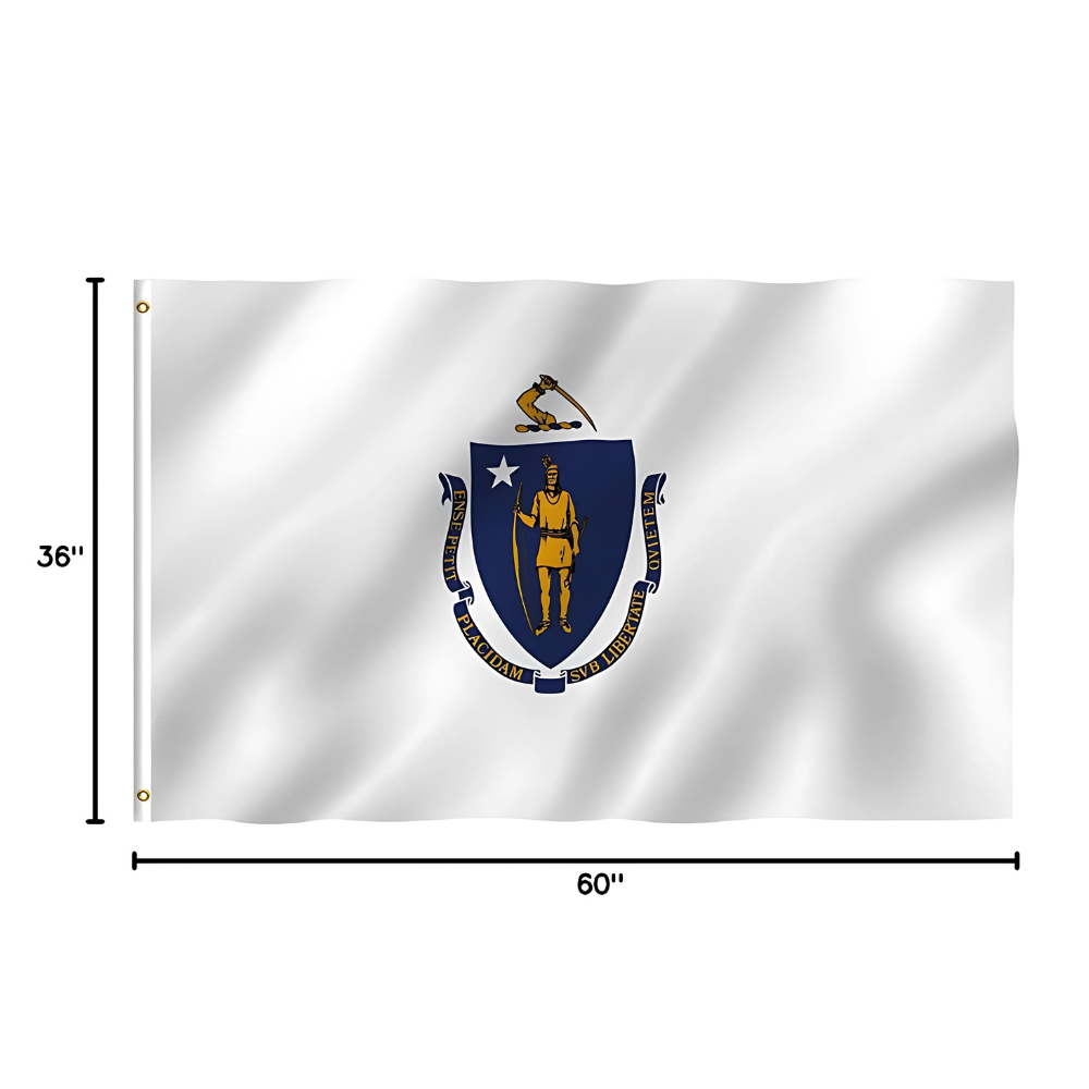 Massachusetts State Flag With Embroidered Emblem For Display flying on outdoor flagpole