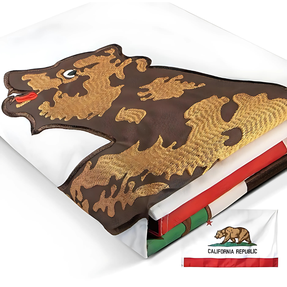 California State Flag With Grizzly Bear And Red Star close-up showing fabric texture and vivid colors