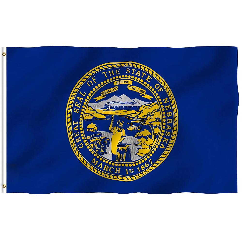 Nebraska State Flag With Brass Grommets And Stitched Edges - front view on white background