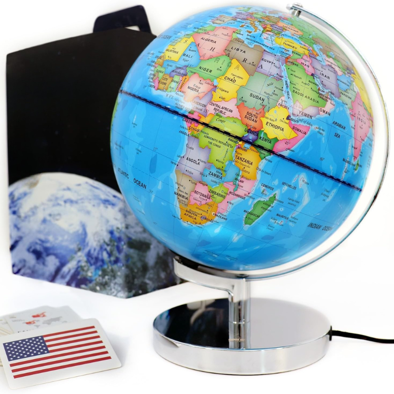 Geography Learning Globe With LED Light And Country Flashcards - front view on white background