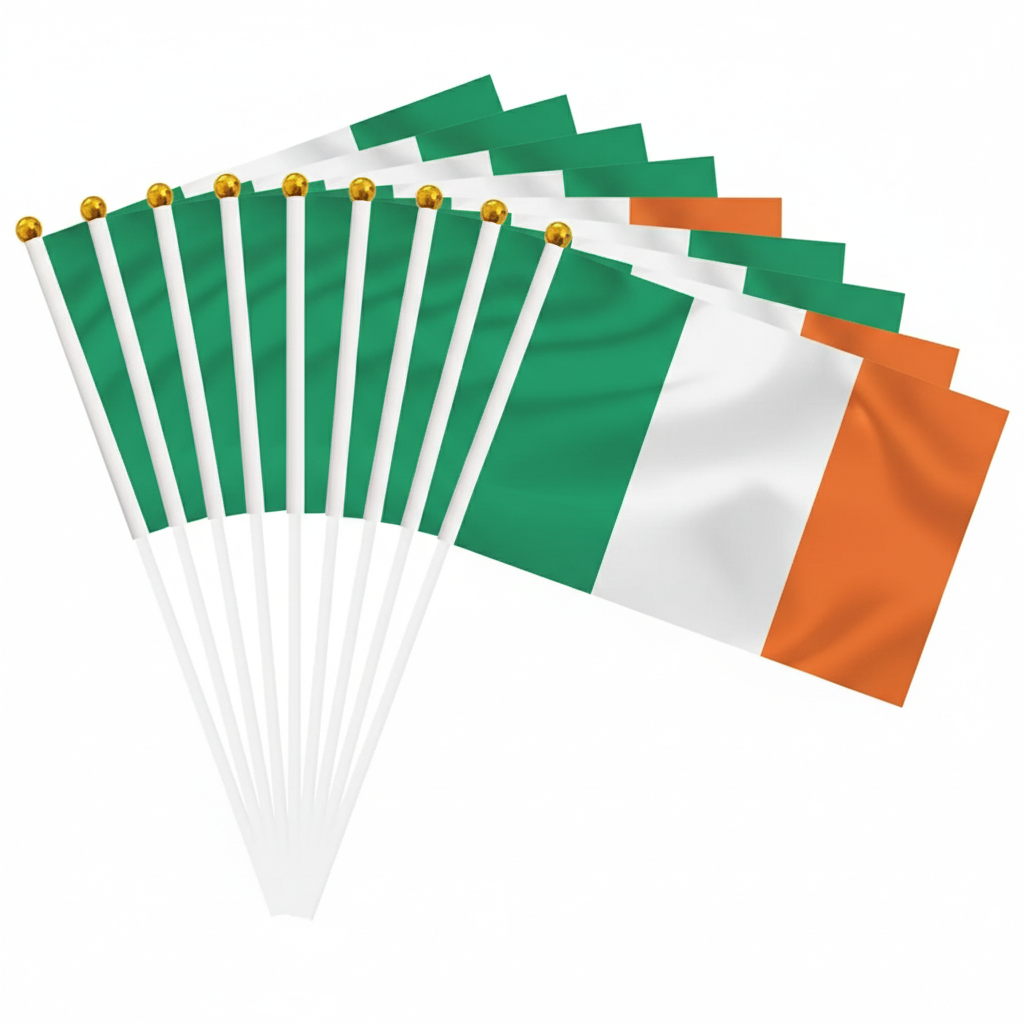 10 Pieces Of Official FIFA 2026 Ireland Mini Flags flying on outdoor flagpole