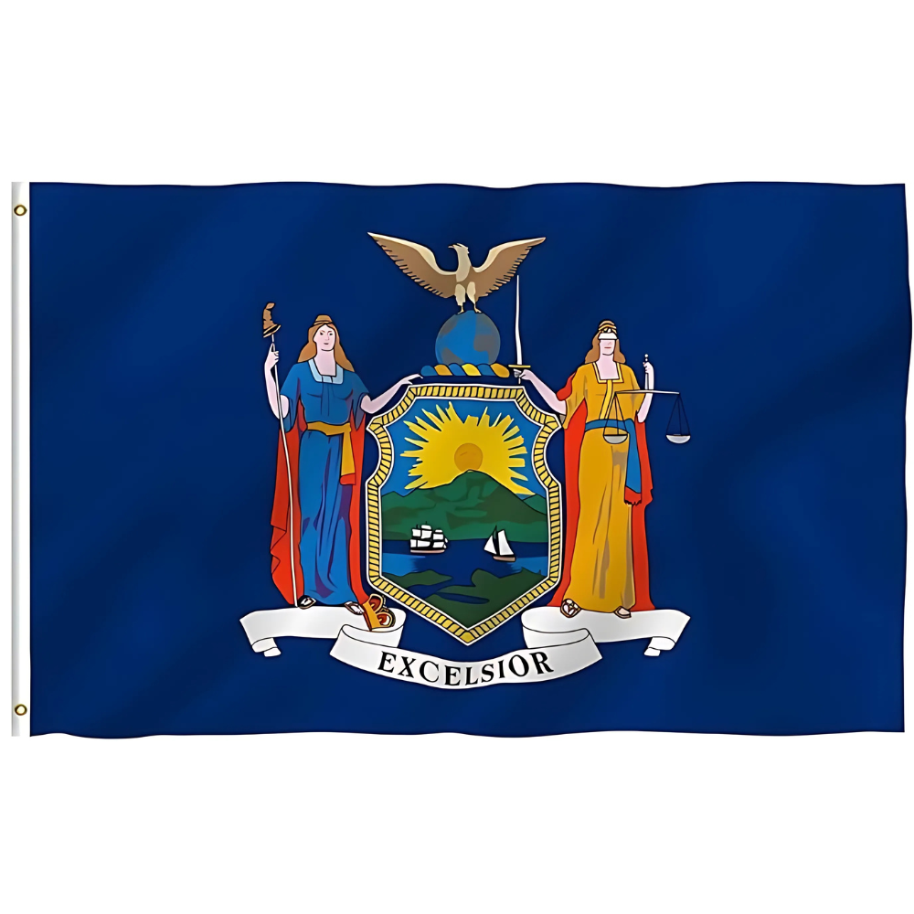 New York State Emblem Flag With Fade Resistant Material - front view on white background