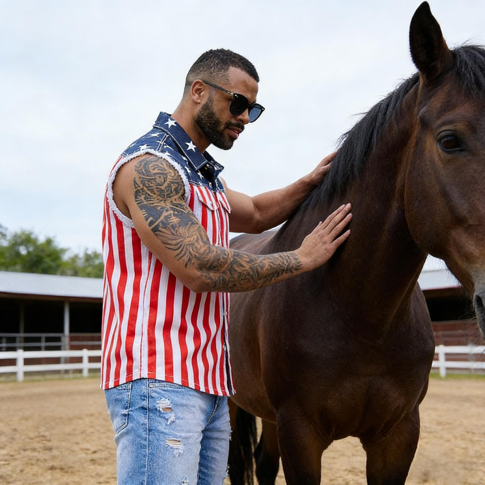 Unisex Summer Sleeveless American Flag Denim Jacket